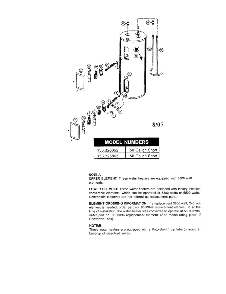 Water Heater Diagram and Parts List for 153326862  Kenmore Water Heater