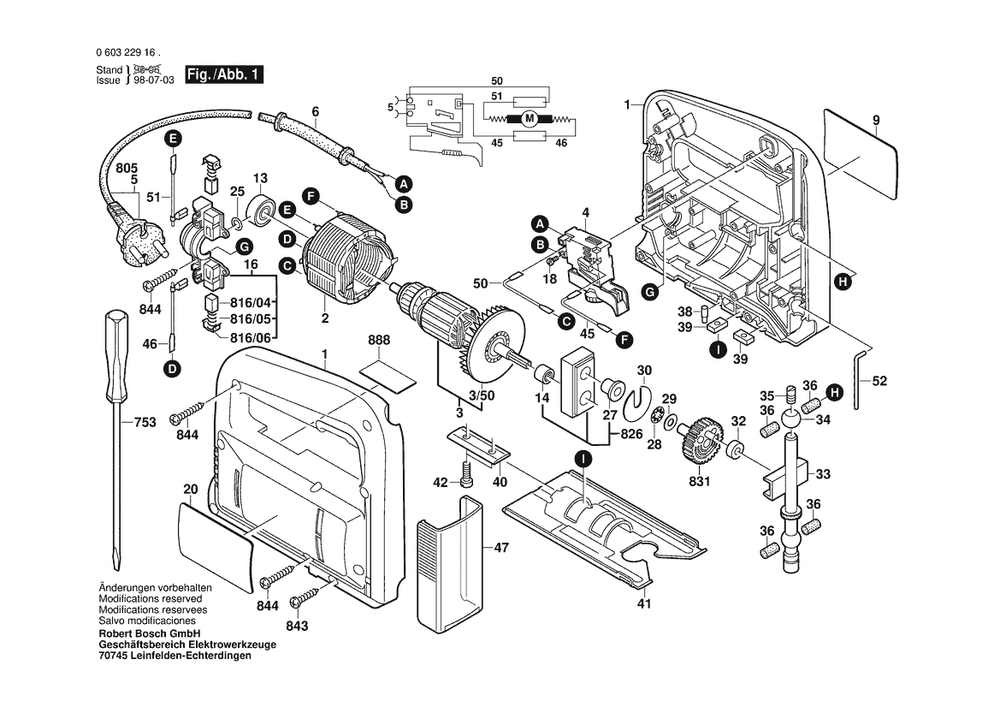 Section 1 Diagram and Parts List for PST50A 0603229162 Bosch Jig Saw