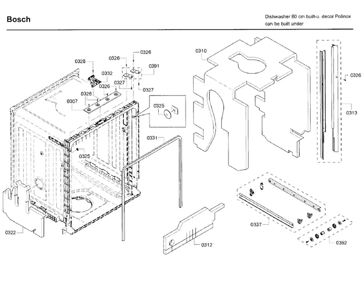 Frame Diagram and Parts List for SHE3AR76UC 22 Bosch Dishwasher