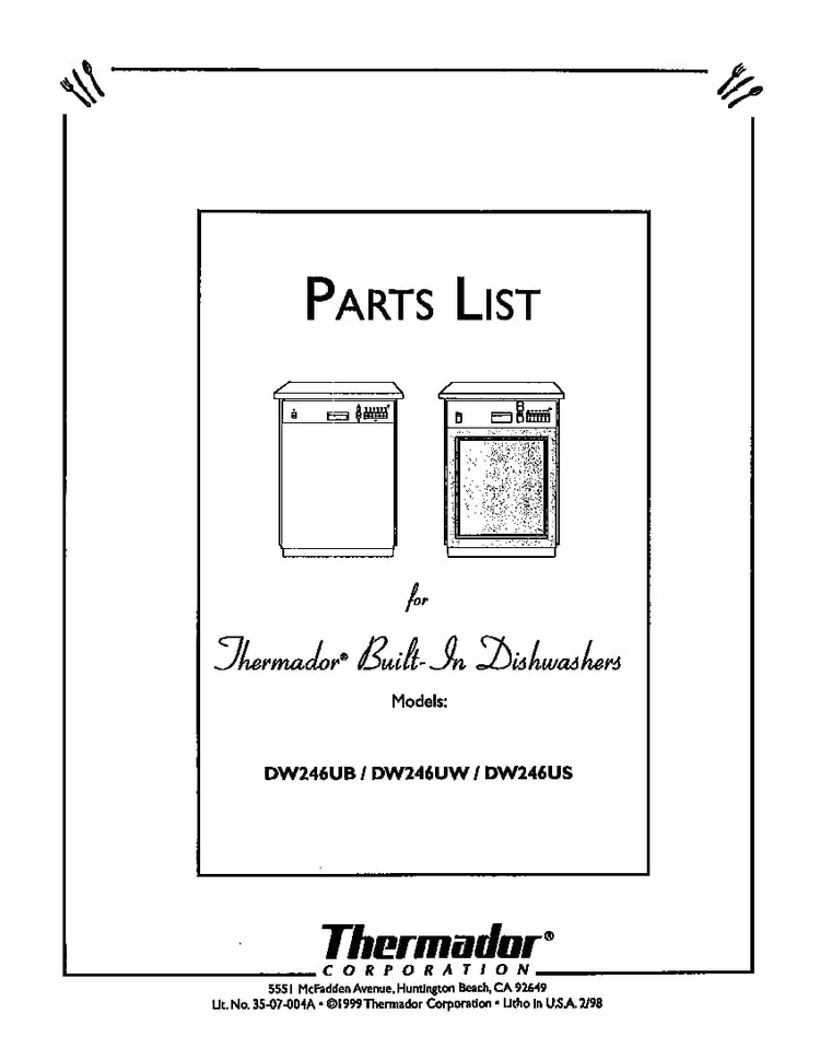 Cover Diagram and Parts List for DW246US  Thermador Dishwasher