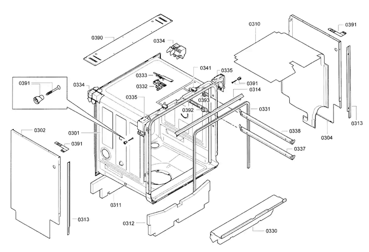 Frame Diagram and Parts List for SHE9PT55UC 70 Bosch Dishwasher
