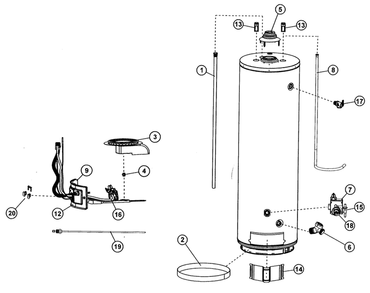 Water Heater Diagram and Parts List for 153336490  Kenmore Water Heater