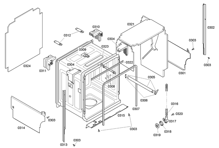 Cabinet Diagram and Parts List for SHE45C02UC 40 Bosch Dishwasher