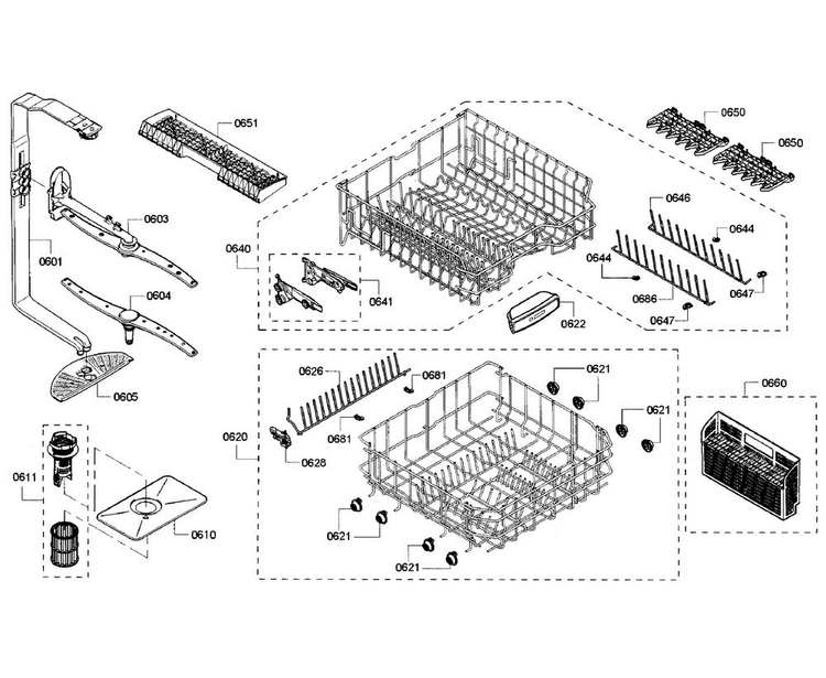 Racks Section Diagram and Parts List for SHX5AV52UC 22 Bosch Dishwasher