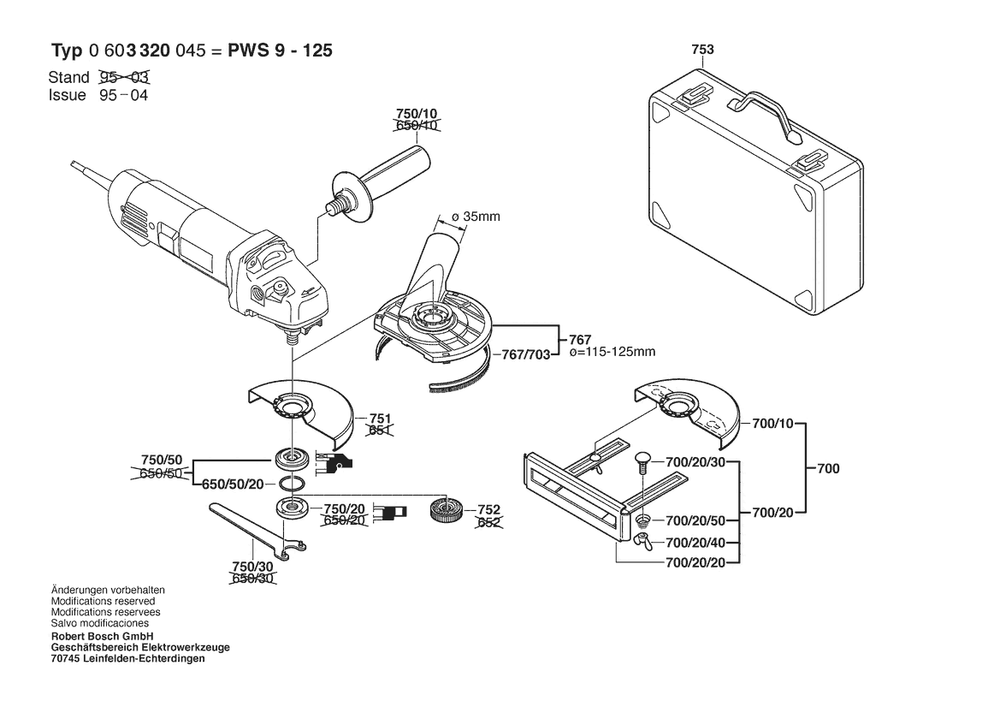 Section 2 Diagram and Parts List for PWS9-125 0603320045 Bosch Angle Grinder