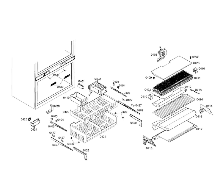 Evaporator/freezer Basket Diagram and Parts List for T36IB70NSP 04 Thermador Refrigerator