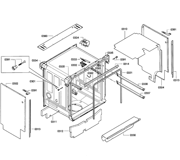 Cabinet Diagram and Parts List for SHV68E13UC 32 Bosch Dishwasher