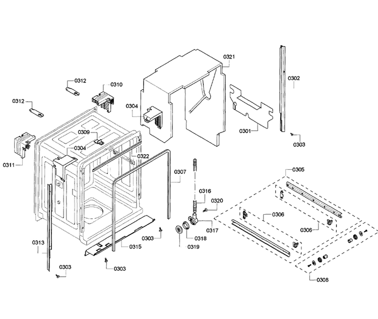 Cabinet Diagram and Parts List for DWHD410HPR 64 Thermador Dishwasher