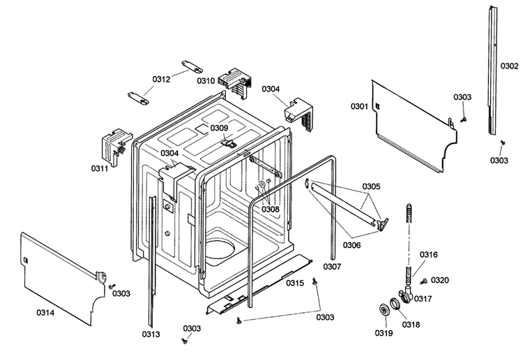 Cabinet Diagram and Parts List for SHE42L16UC 46 Bosch Dishwasher