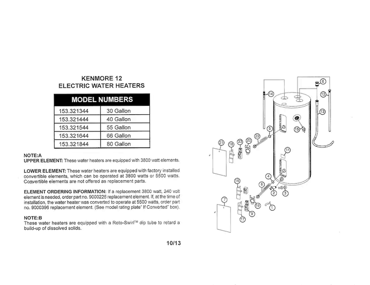 Water Heater Diagram and Parts List for 153321544  Kenmore Water Heater