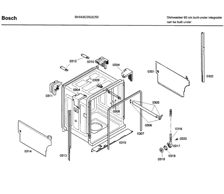 Cabinet Diagram and Parts List for SHX43C05UC 50 Bosch Dishwasher