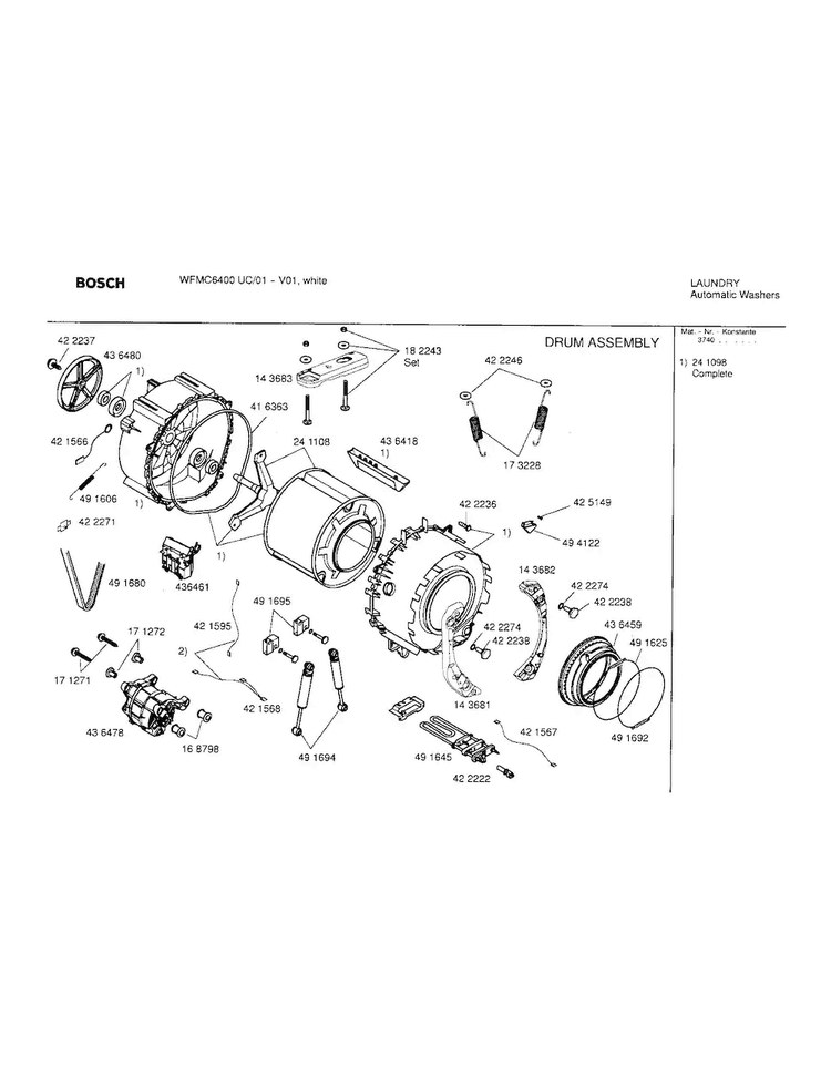 Drum Assembly Diagram and Parts List for WFMC6400UC 01 Bosch Washer