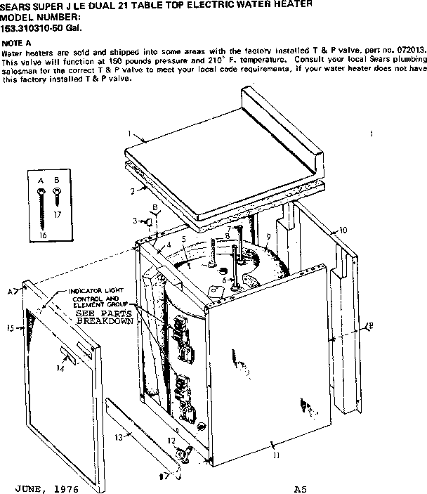 Non-functional Replacement Parts Diagram and Parts List for 153310310  Kenmore Water Heater