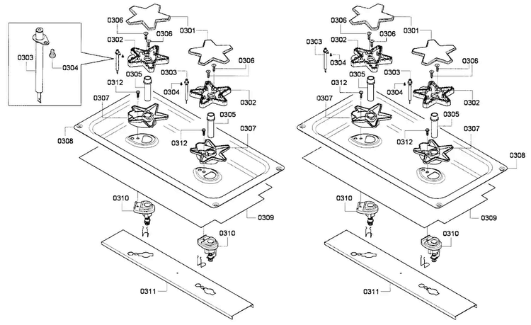 Burners Assy Diagram and Parts List for PRG364GDH 01 Thermador Range