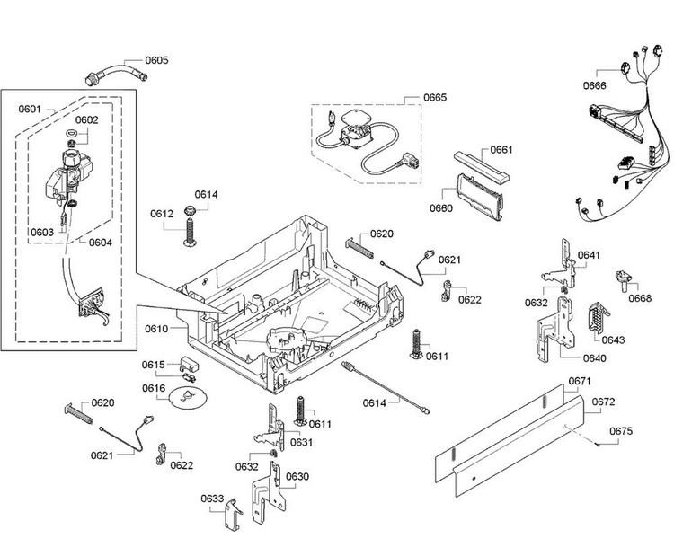 Base Diagram and Parts List for SGX68U55UC B4 Bosch Dishwasher