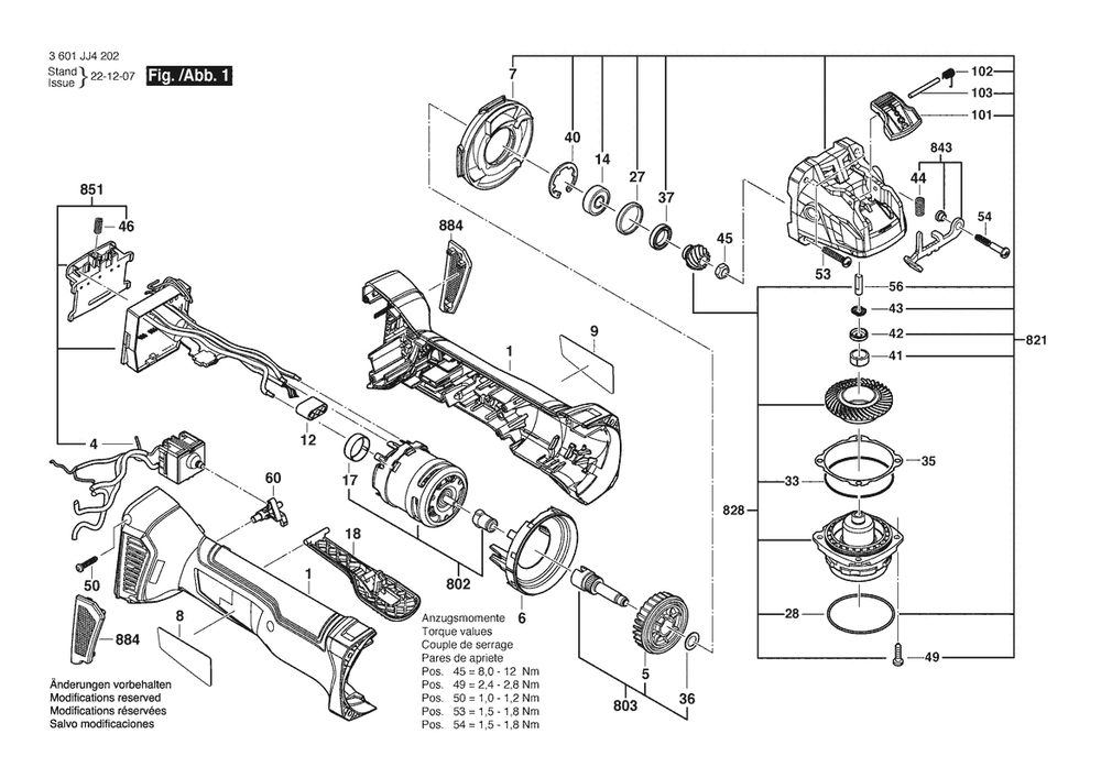 Section 1 Diagram and Parts List for 3601JJ4282  Bosch Angle Grinder