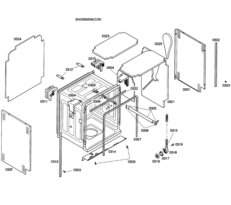 Cabinet Diagram and Parts List for SHX98M09UC 50 Bosch Dishwasher