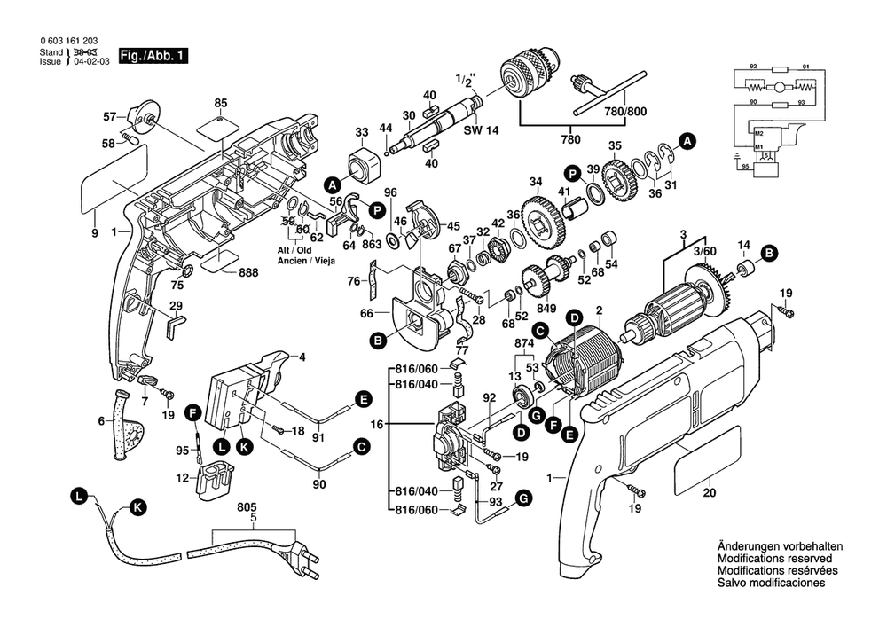 Section 1 Diagram and Parts List for 0603161230  Bosch Hammer Drill
