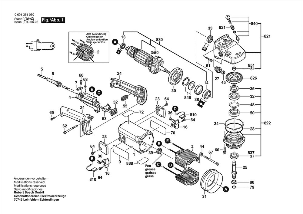 Section 1 Diagram and Parts List for GWS23-180 0601361060 Bosch Angle Grinder