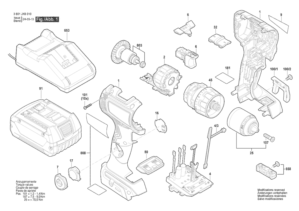 Section 1 Diagram and Parts List for 3601JK6010  Bosch Cordless Drill