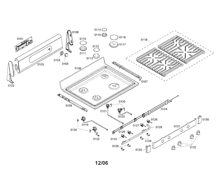 Cooktop Diagram and Parts List for HGS7132UC 01 Bosch Range
