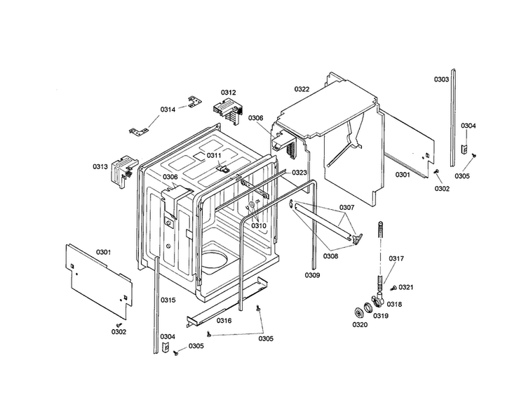 Cabinet Diagram and Parts List for SHE47C05UC 21 Bosch Dishwasher