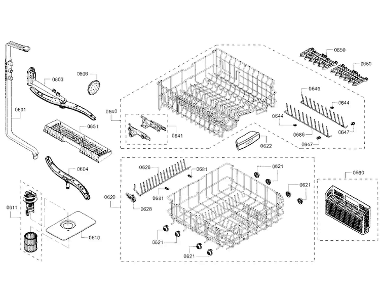 Racks Diagram and Parts List for SHS5AVF2UC 01 Bosch Dishwasher