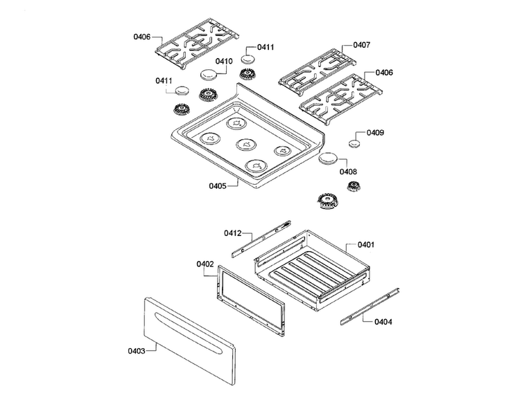 Burner & Drawer Assy Diagram and Parts List for HGS3063UC 12 Bosch Range