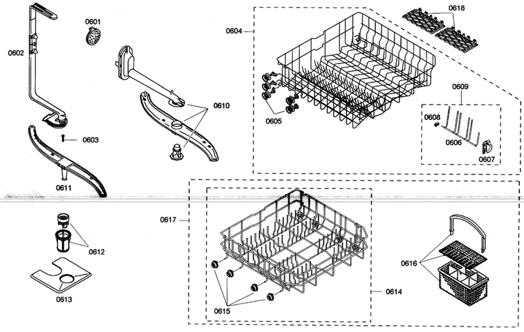 Baskets Diagram and Parts List for SHE33M06UC 46 Bosch Dishwasher