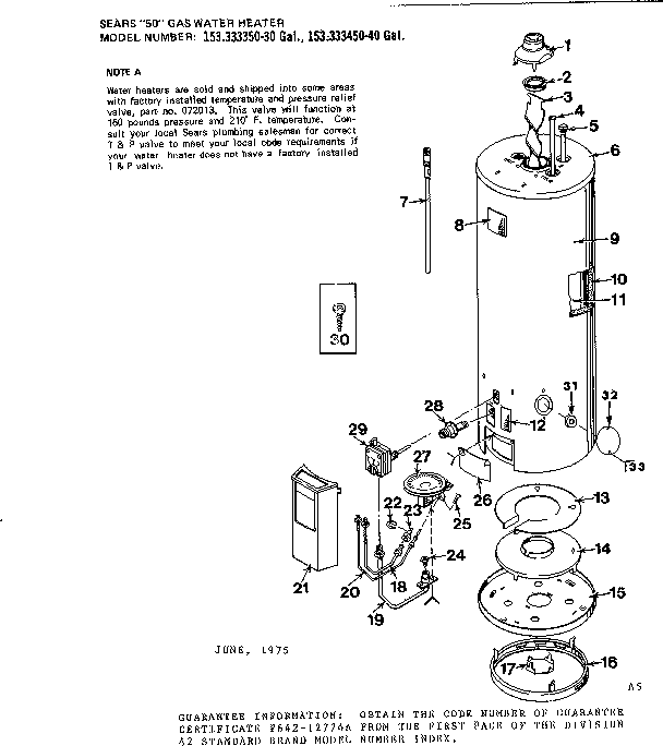 Replacement Parts Diagram and Parts List for 153333450  Kenmore Water Heater
