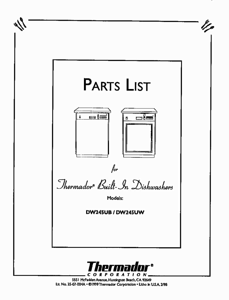 Cover Diagram and Parts List for DW245UB  Thermador Dishwasher