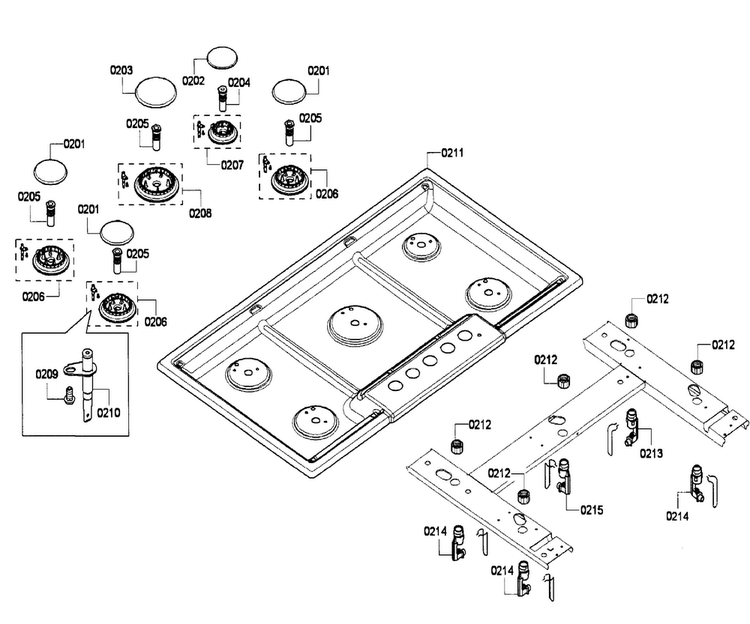 Burners Diagram and Parts List for NGM5624UC 03 Bosch Cooktop