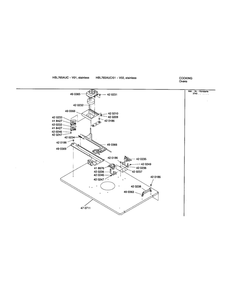 Upper Internal Panel Diagram and Parts List for HBL765AUC 01 Bosch Wall Oven