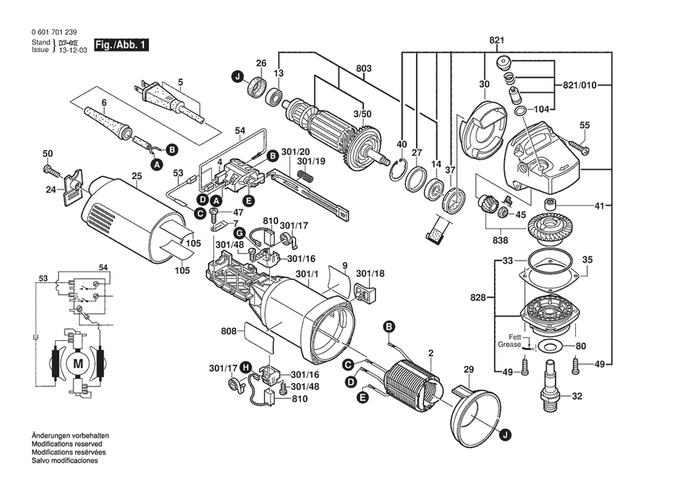 Section 1 Diagram and Parts List for GWS9-125 0601701239 Bosch Angle Grinder