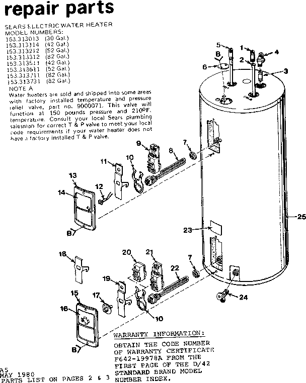 Replacement Parts Diagram and Parts List for 153313013  Kenmore Water Heater