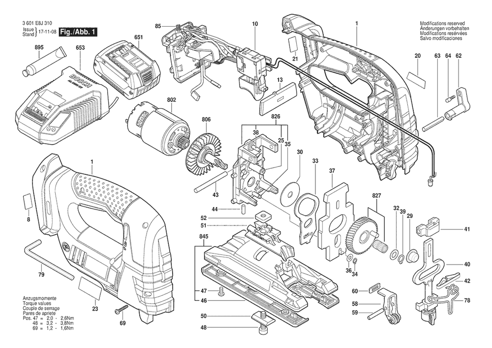 Section 1 Diagram and Parts List for 3601E8J310  Bosch Jig Saw