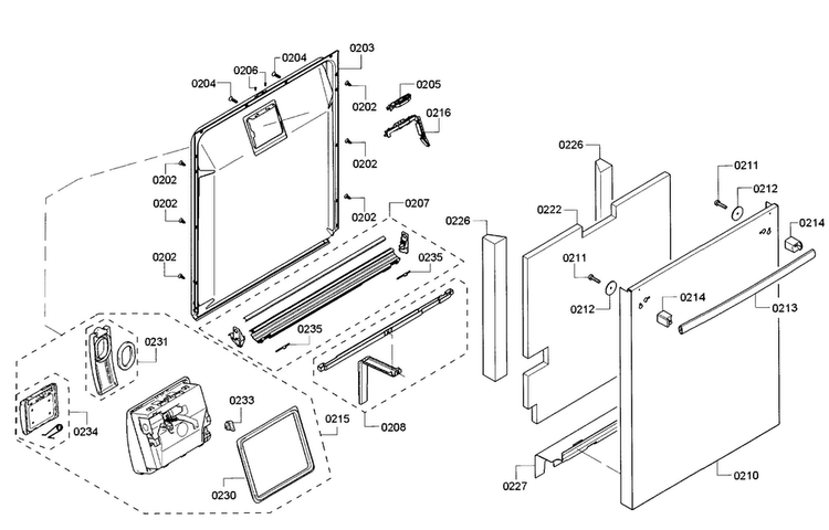 Door Diagram and Parts List for SHX7PT55UC 07 Bosch Dishwasher
