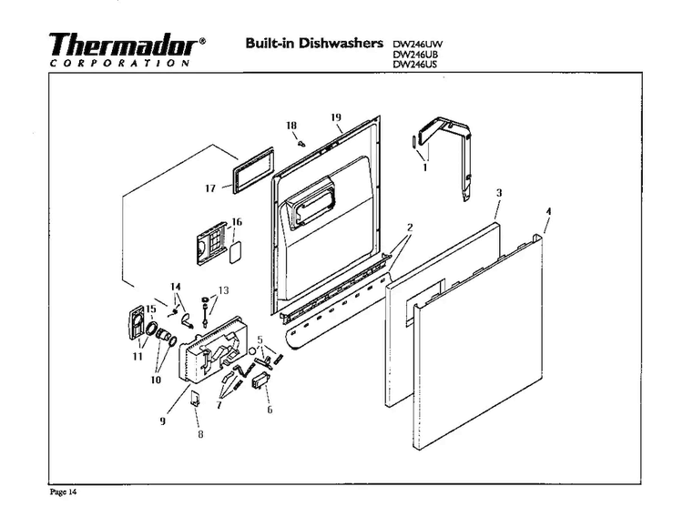 Door Diagram and Parts List for DW246US  Thermador Dishwasher