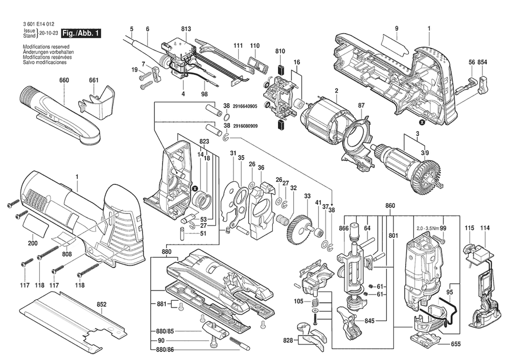 Section 1 Diagram and Parts List for JS572EBK 3601E14012 Bosch Jig Saw