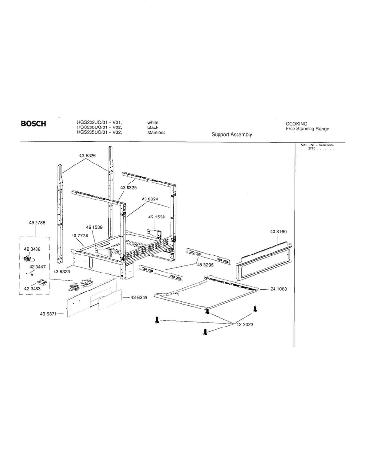 Support Assembly Diagram and Parts List for HGS235UC 01 Bosch Range
