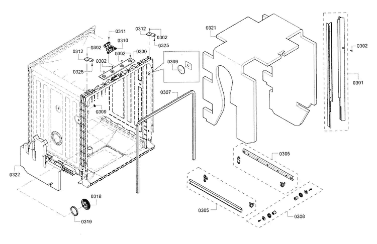 Frame & Cavity Diagram and Parts List for SHX3AR75UC 21 Bosch Dishwasher