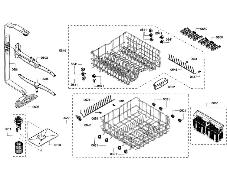 Baskets Diagram and Parts List for SHX3AR76UC 22 Bosch Dishwasher