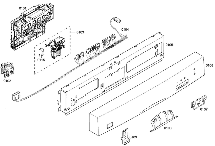 Front Panel Diagram and Parts List for SHE33M05UC 50 Bosch Dishwasher