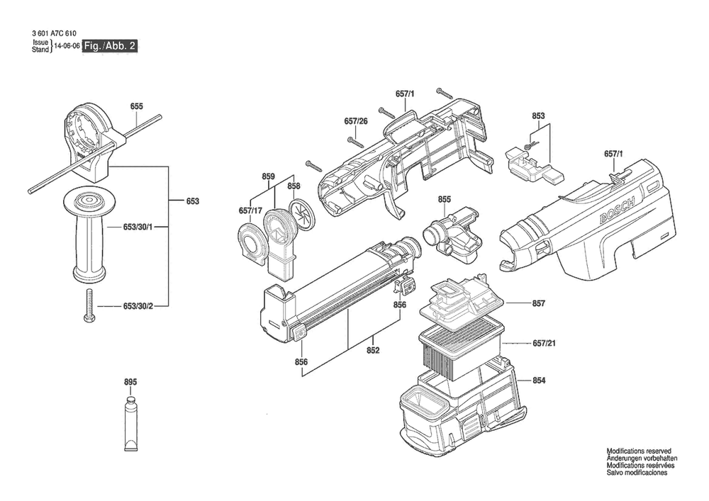 Section 2 Diagram and Parts List for GSB19 3601A7C610 Bosch Hammer Drill