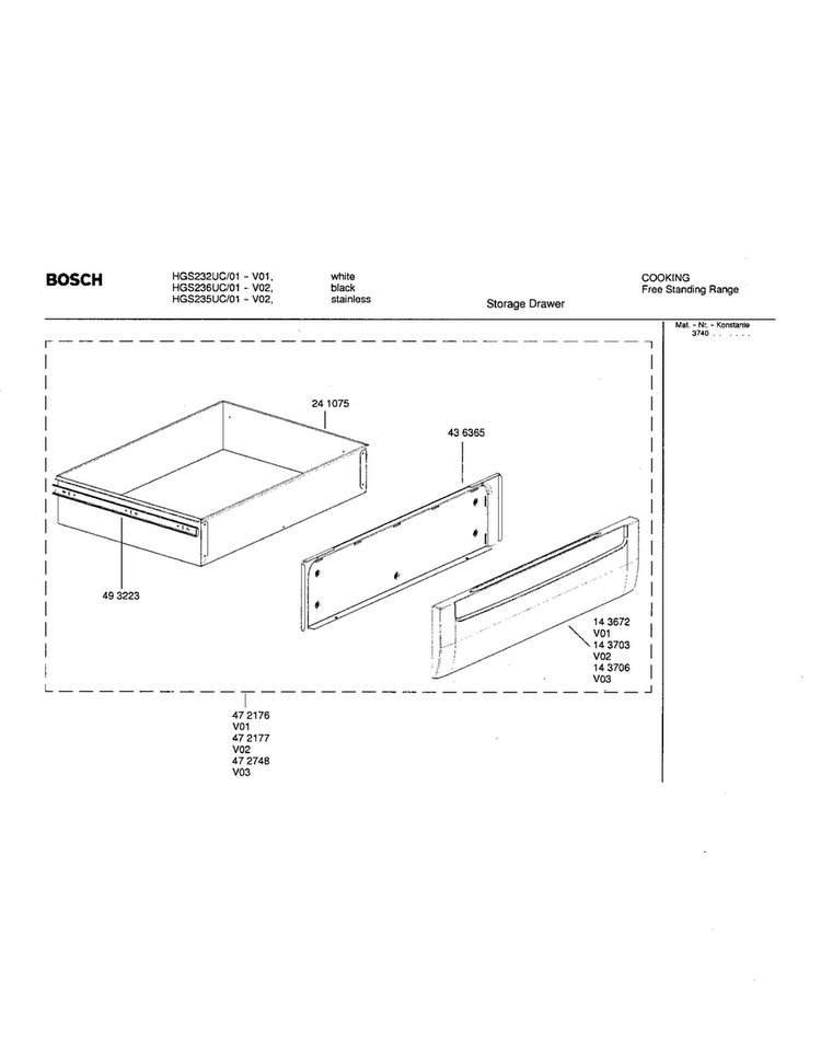 Storage Drawer Diagram and Parts List for HGS235UC 01 Bosch Range