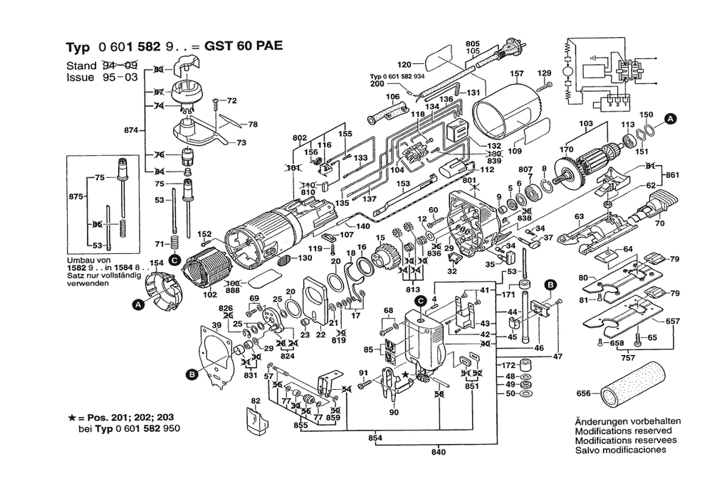 Section 1 Diagram and Parts List for GST60PAE 0601582950 Bosch Jig Saw