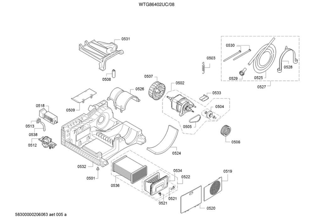 Base/Motor/Fan Wheel Diagram and Parts List for WTG86402UC 08 Bosch Dryer