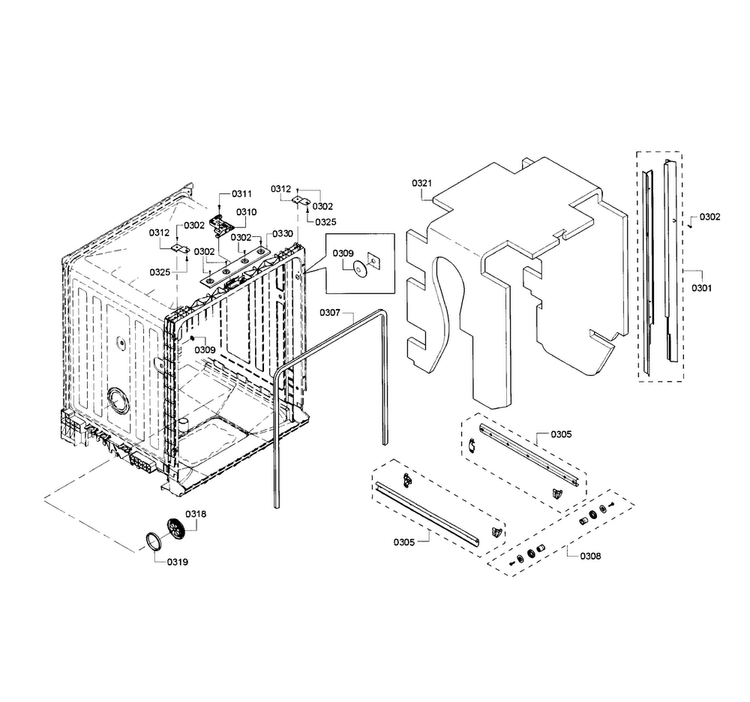 Frame & Cavity Diagram and Parts List for SHE3AR55UC 18 Bosch Dishwasher