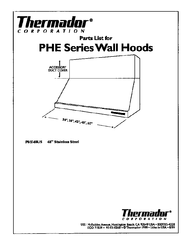 Cover Diagram and Parts List for PHE48US  Thermador Range Hood