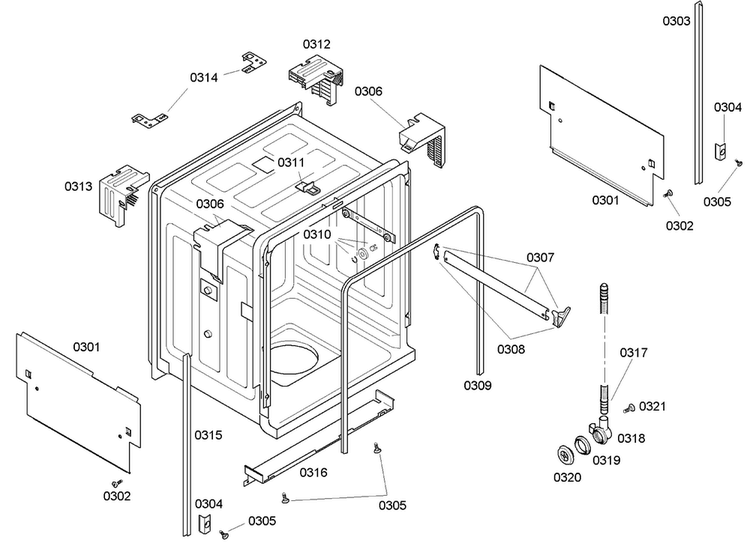 Cabinet Diagram and Parts List for SHE43C06UC 22 Bosch Dishwasher